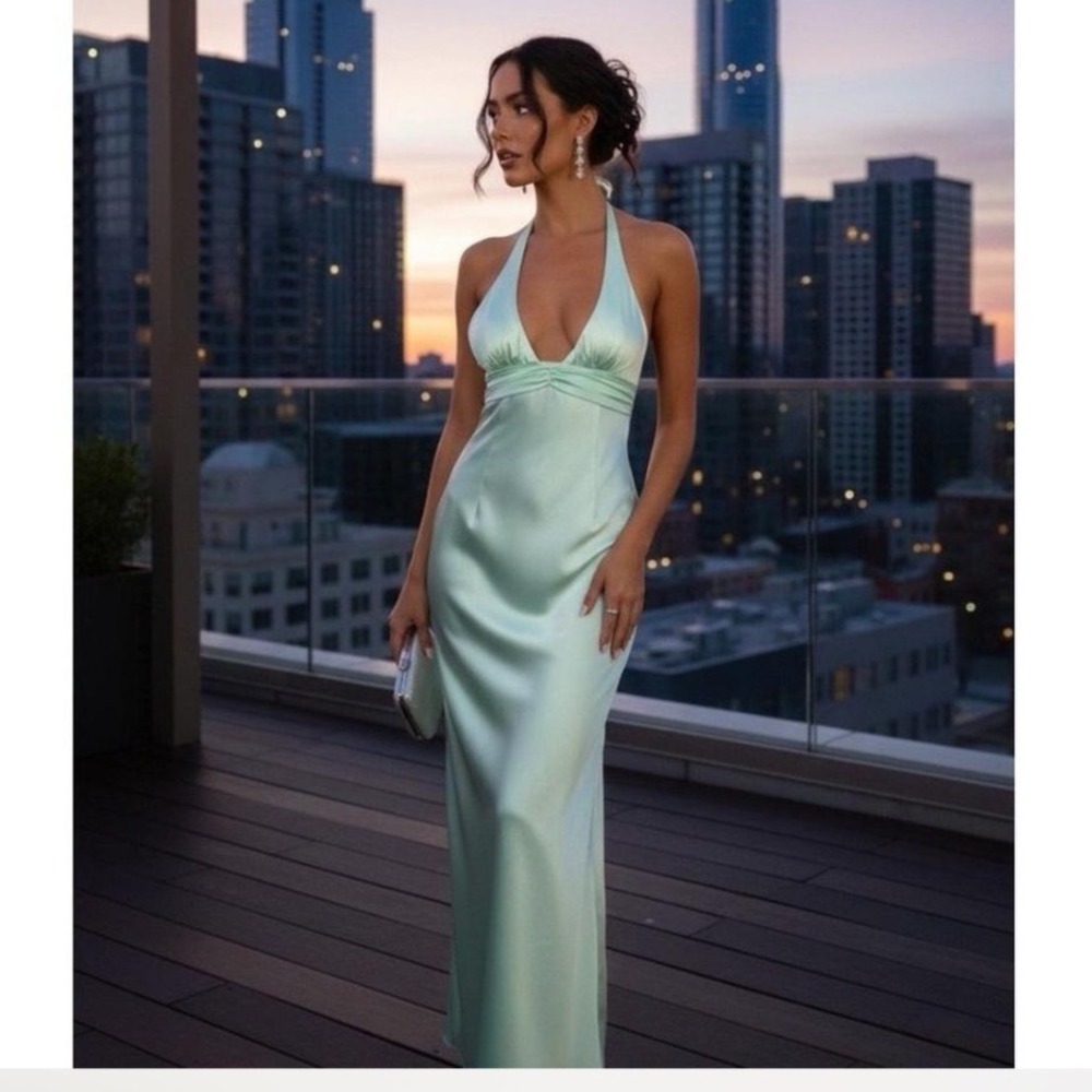 Princess Polly Odyessa Mint Green Satin Halter Open Back Maxi Dress